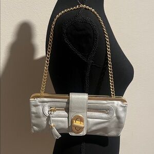 B. Makowsky Soft Leather Clutch Bag – Gray with Gold Chain + Turncock